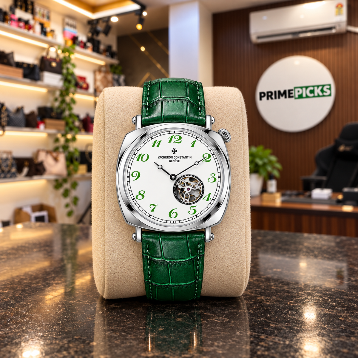 Vacheron Constantin open-heart men’s watch in silver with white dial and green strap at the PrimePicks office