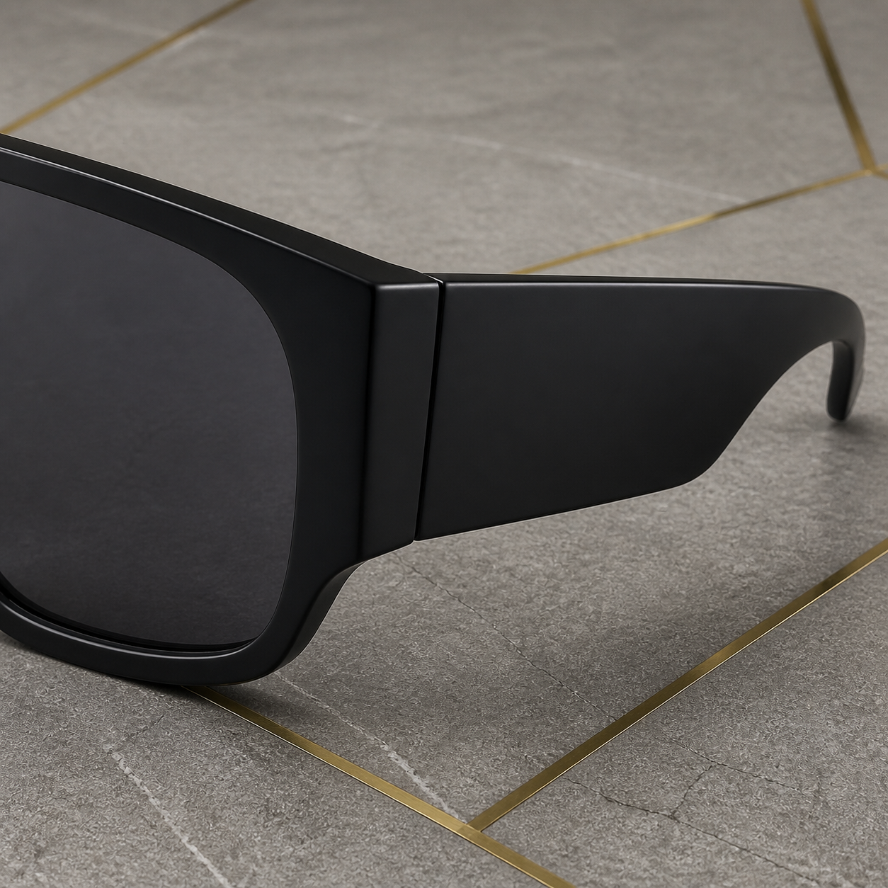 Close-up of dark smoke shield lens, angular corner and wide side panel