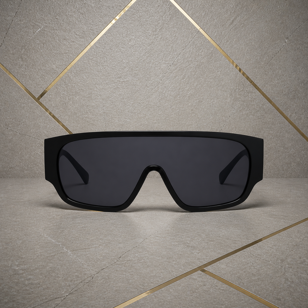 Straight-on view of black wraparound shield sunglasses with dark smoke lens