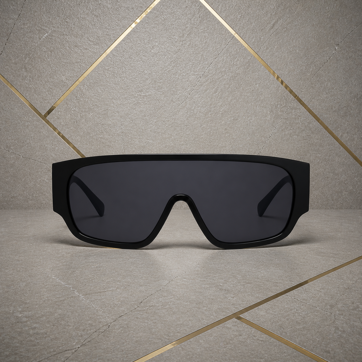 Straight-on view of black wraparound shield sunglasses with dark smoke lens