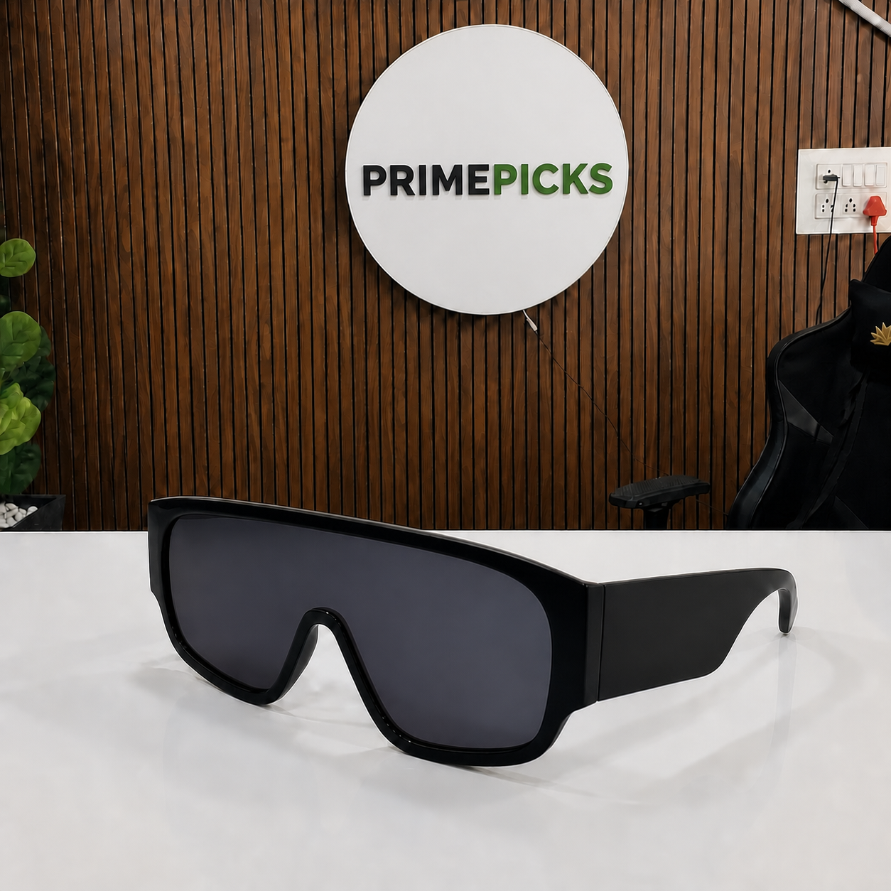 Versace black shield sunglasses with dark smoke fiber lens in PrimePicks office