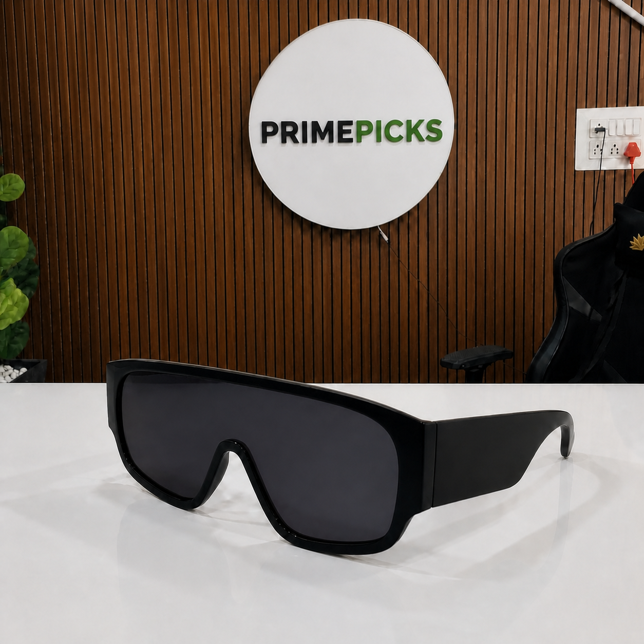 Black smoke-lens shield sunglasses staged in the PrimePicks office