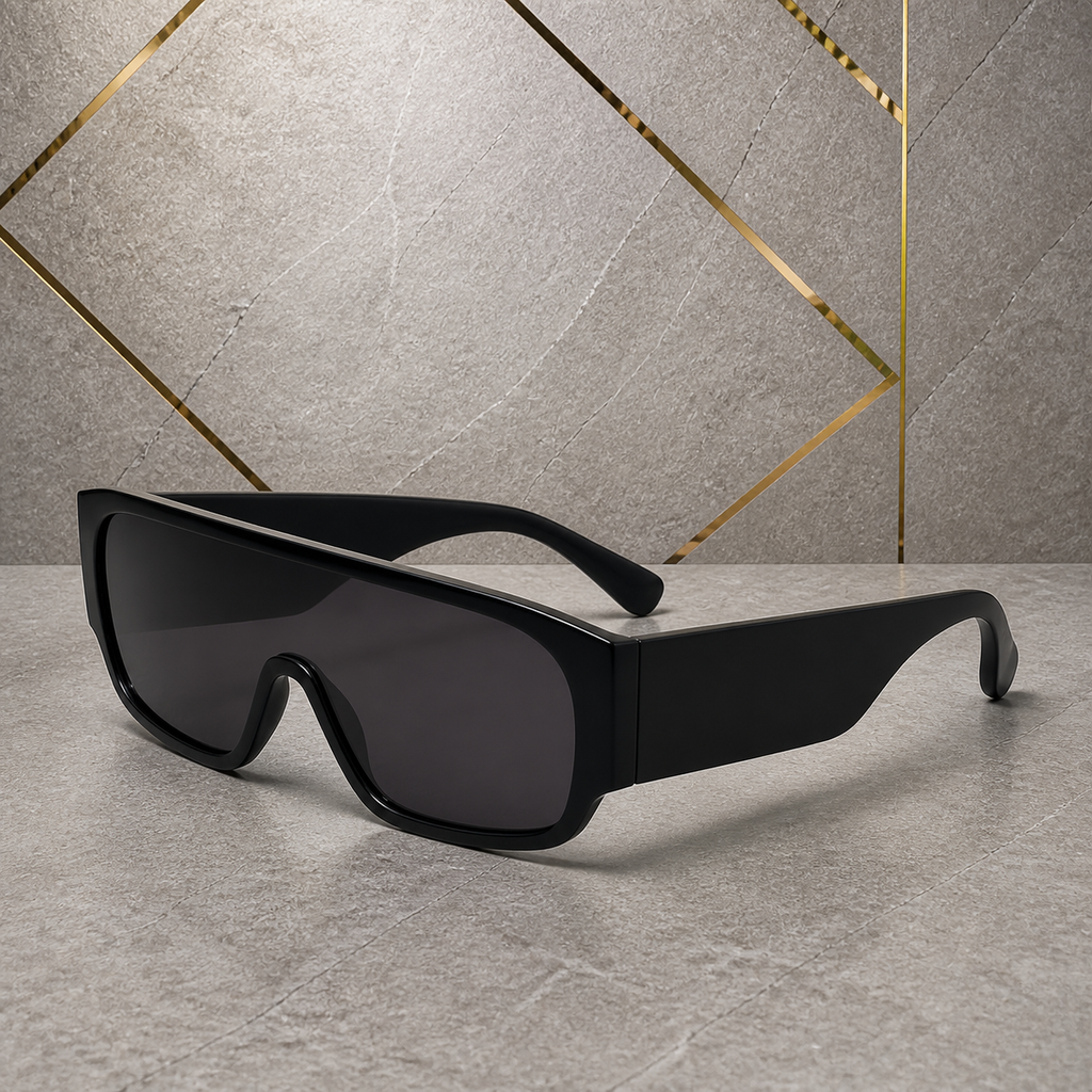 Rear three-quarter view of black shield sunglasses with wide blank side panels