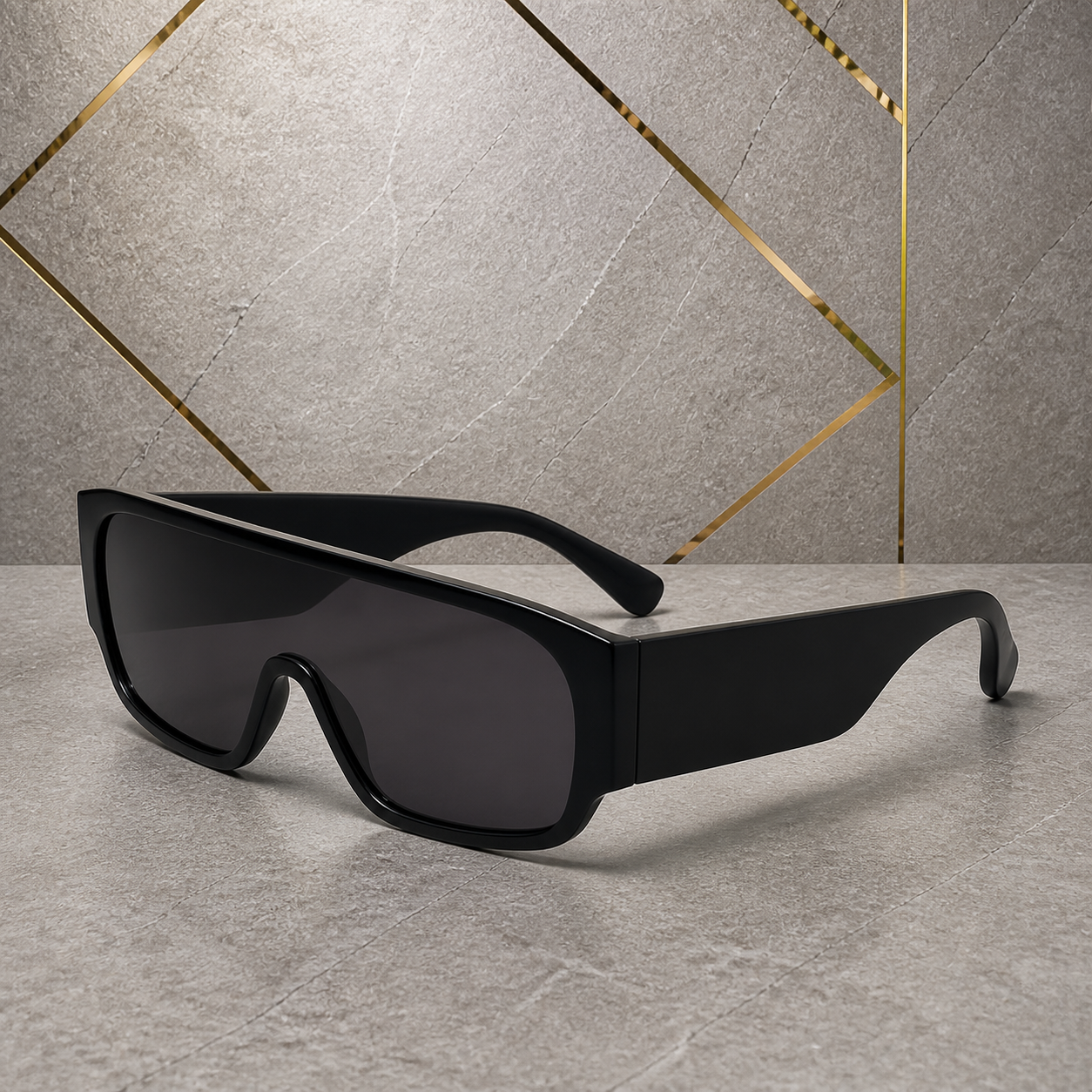 Rear three-quarter view of black shield sunglasses with wide blank side panels