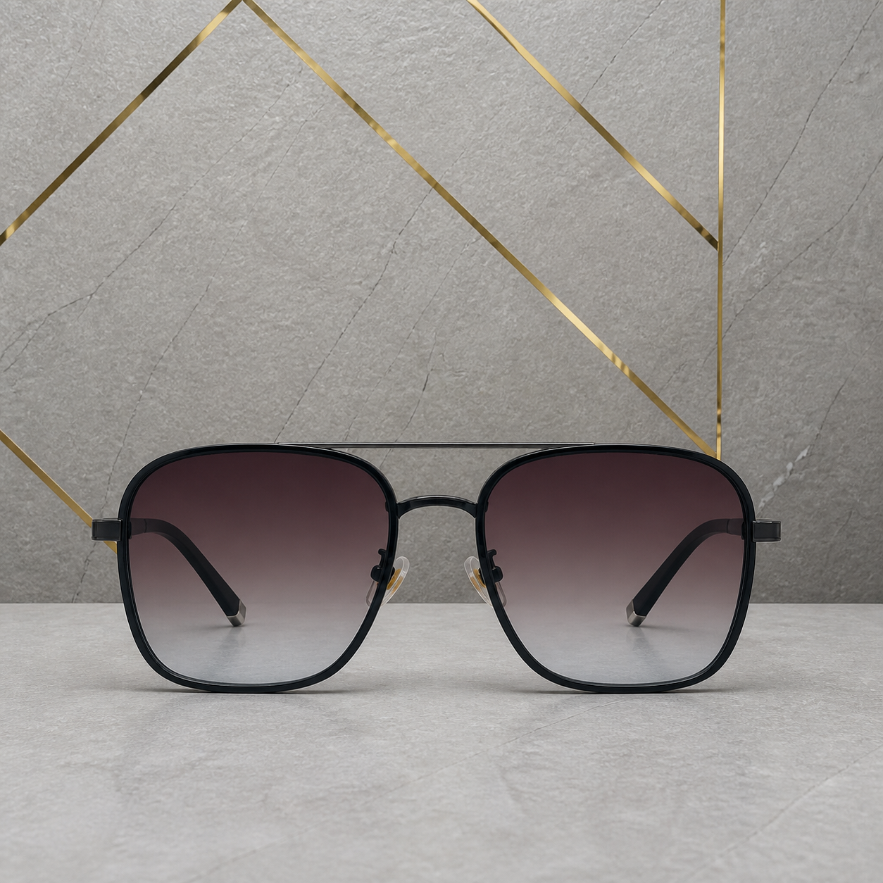 Straight-on view of charcoal square navigator sunglasses with gradient lenses