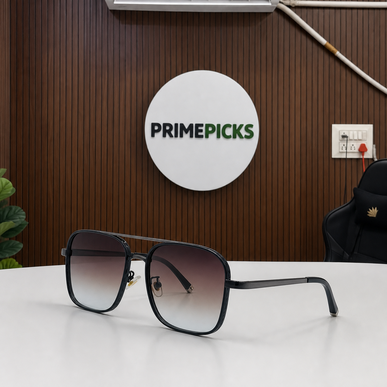 Versace charcoal square navigator sunglasses with gradient UV lenses in PrimePicks office