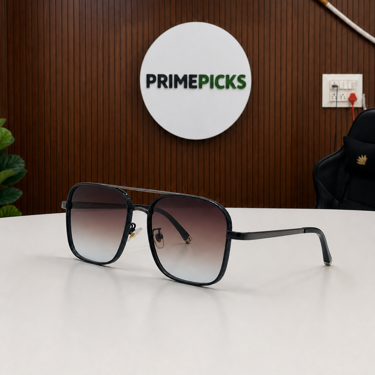Charcoal gradient-lens navigator sunglasses staged in the PrimePicks office