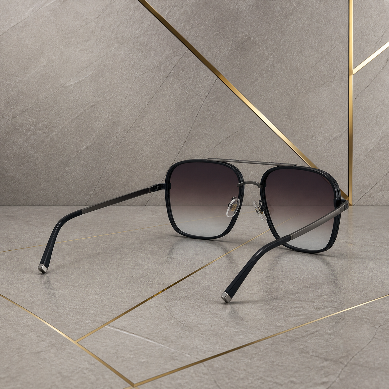 Rear three-quarter view of charcoal square navigator sunglasses
