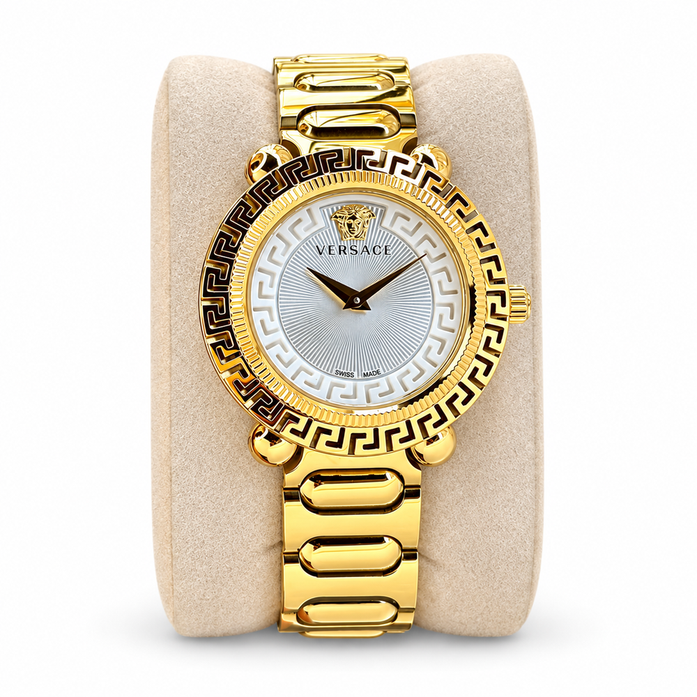 Versace Greca VE6I00623 women’s gold-tone watch on white background