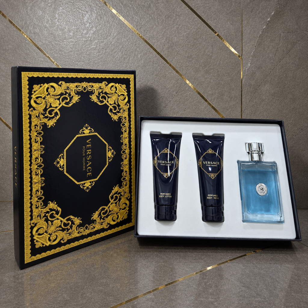 Versace Pour Homme three-piece gift set against the PrimePicks grey stone and gold wall