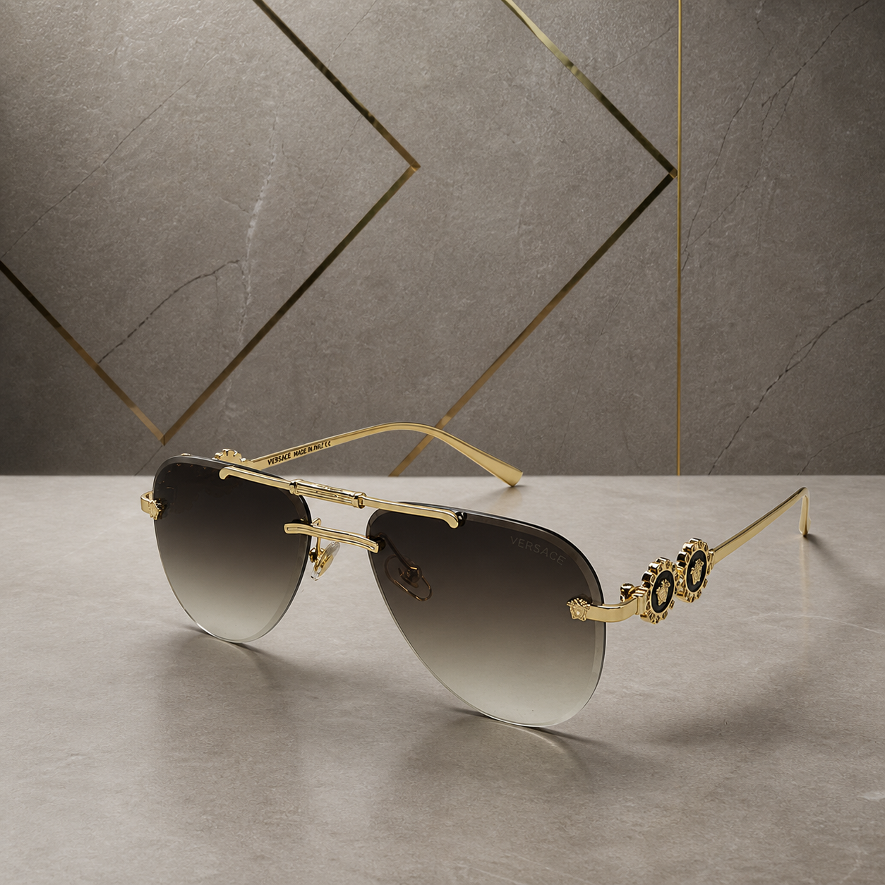 Versace medallion aviator sunglasses in gold and brown gradient, hero view