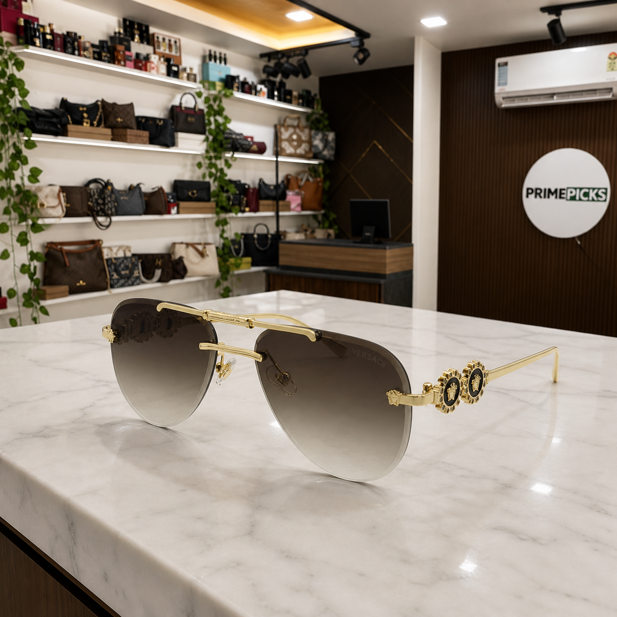 Versace medallion aviator sunglasses in gold and brown gradient, PrimePicks office display