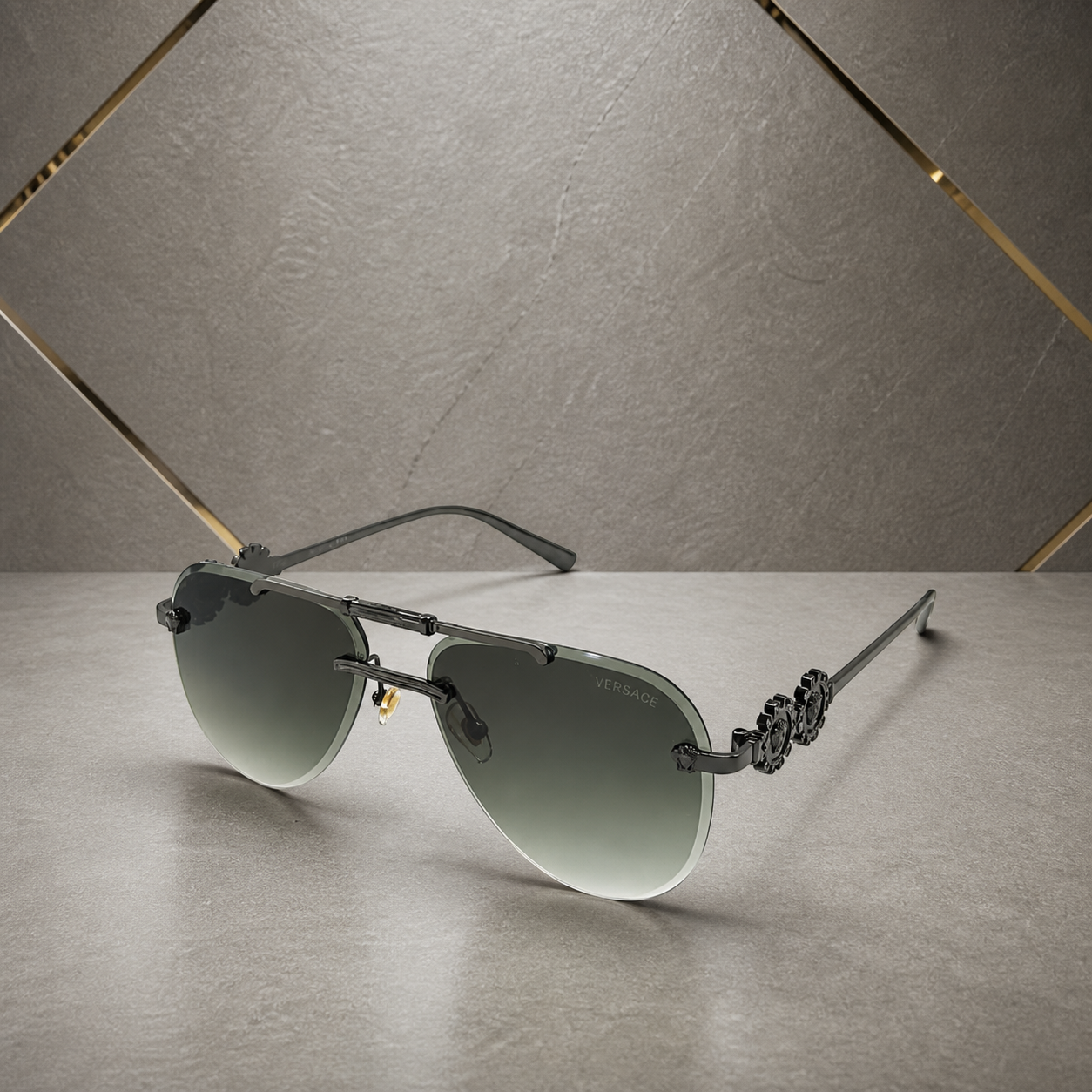 Versace medallion aviator sunglasses in gunmetal and smoke gradient, hero view