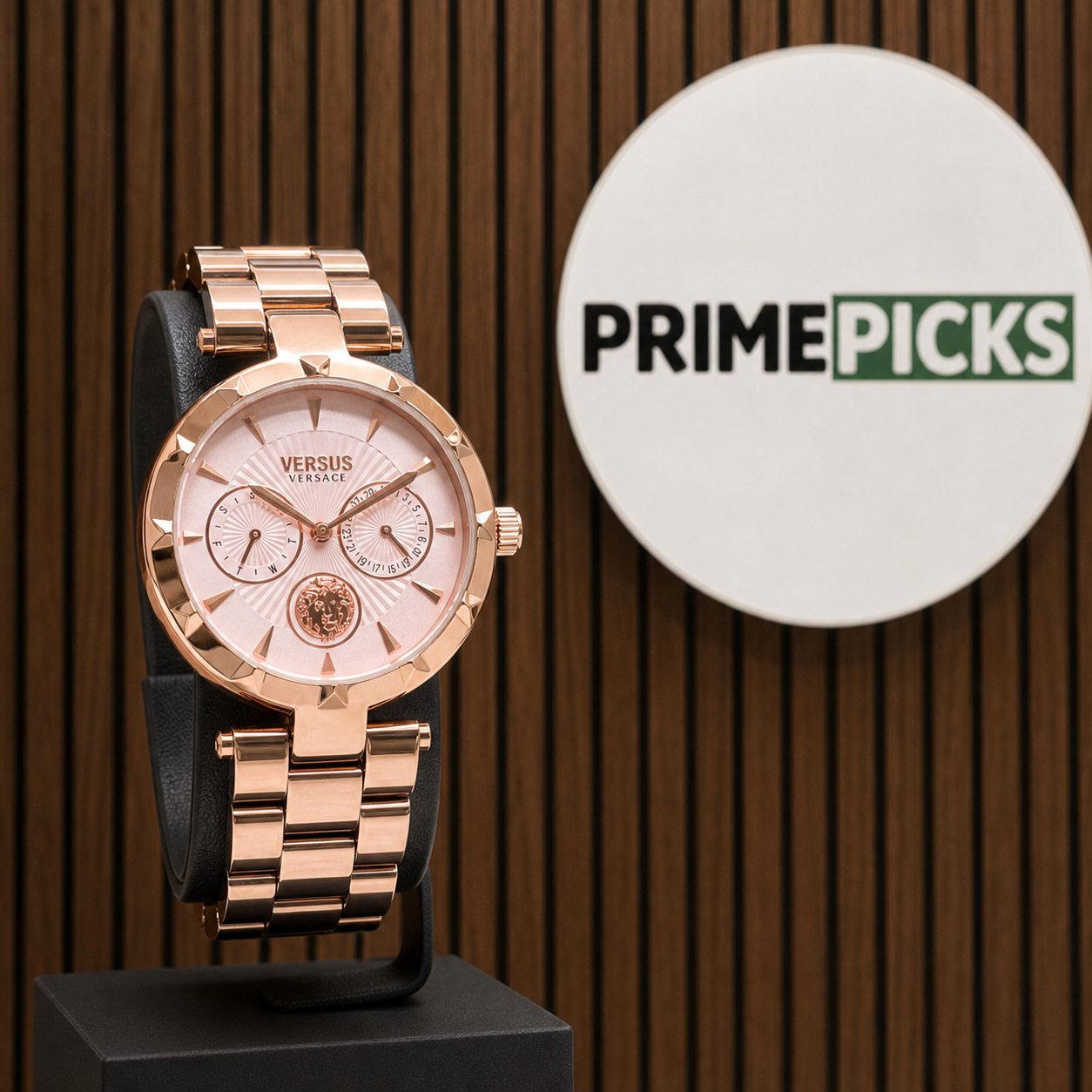 Versace Sertie rose-gold watch in the Primepicks office