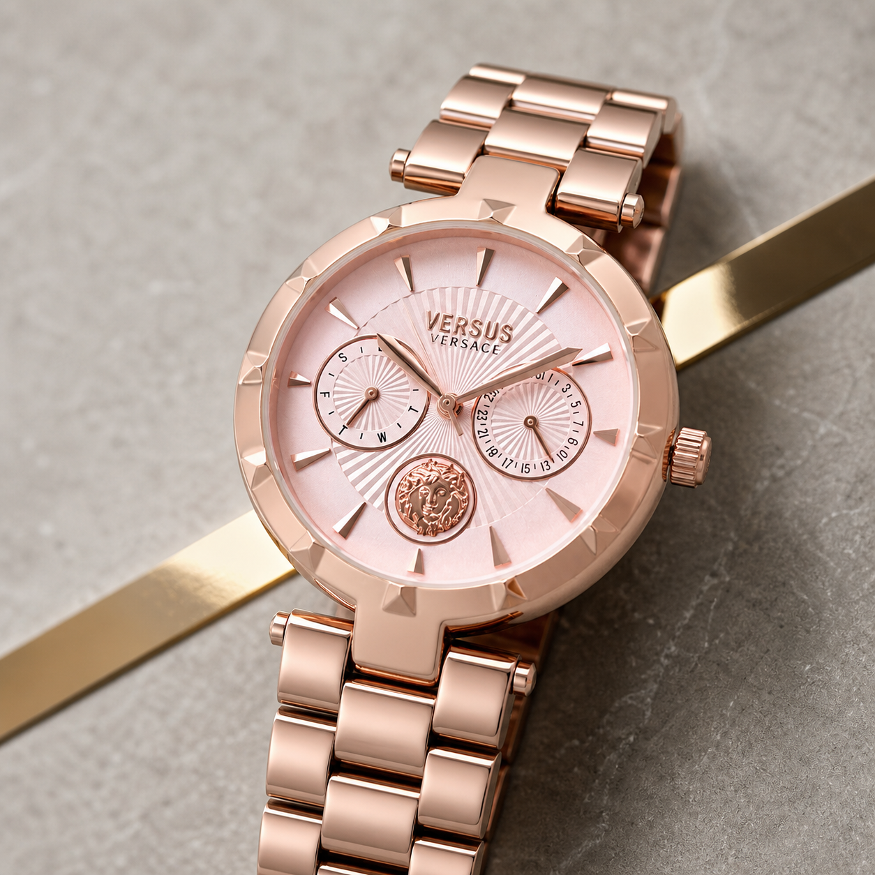 Versace Sertie rose-gold watch dial detail
