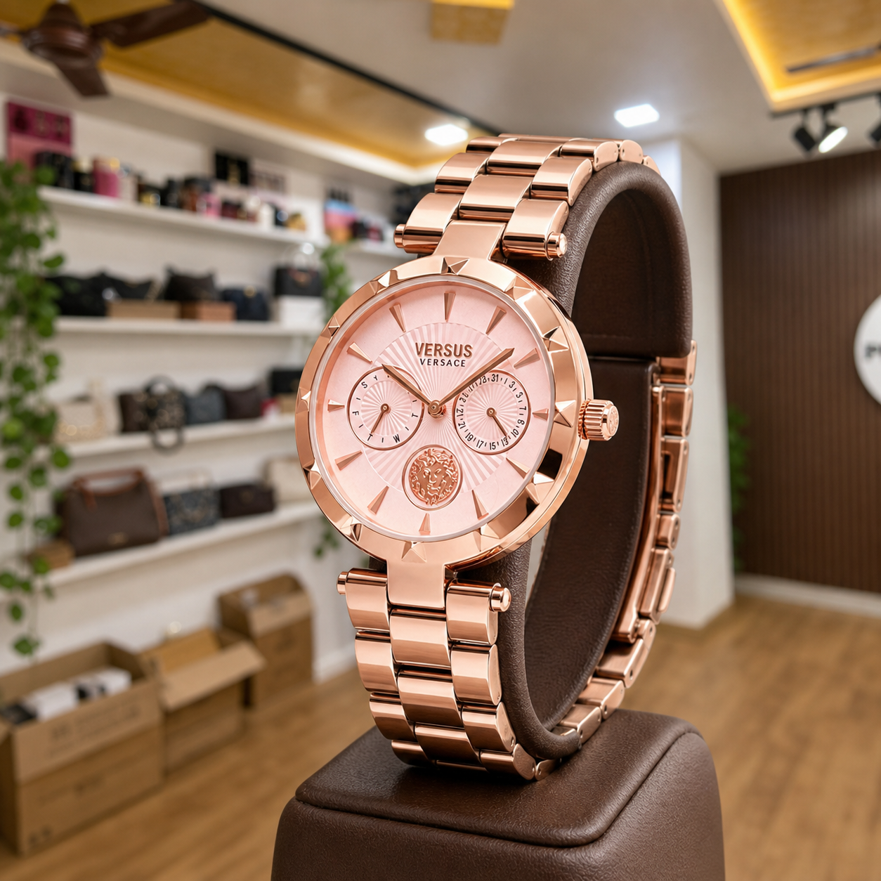 Versace Sertie rose-gold watch profile in the Primepicks office