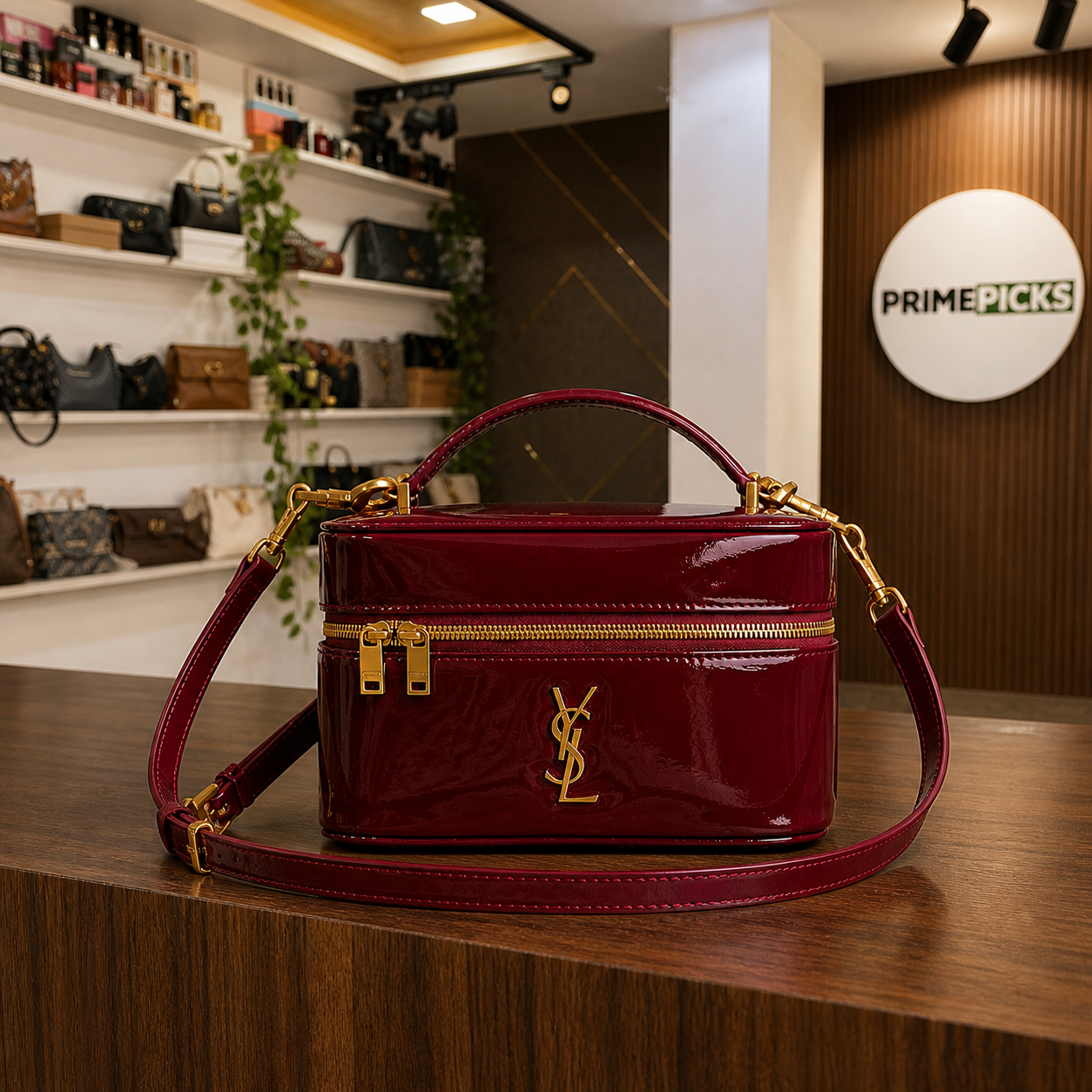 Saint Laurent Gaby deep burgundy vanity bag in PrimePicks office