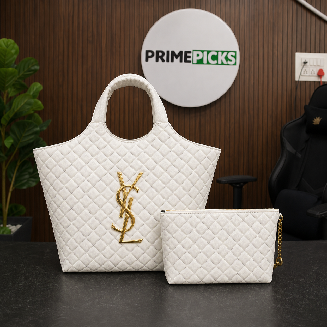 White YSL Icare Maxi Tote with matching pouch in Primepicks office